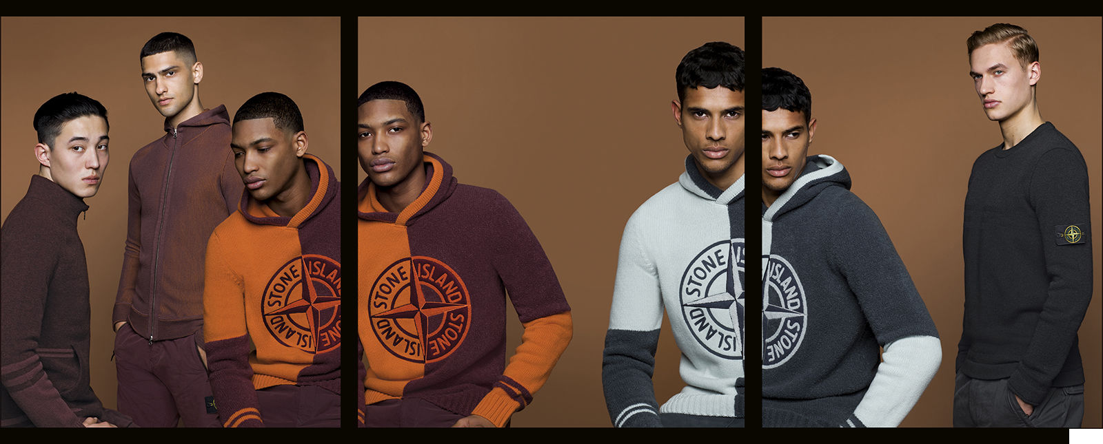 Models wearing knitted sweaters in different colors and styles.