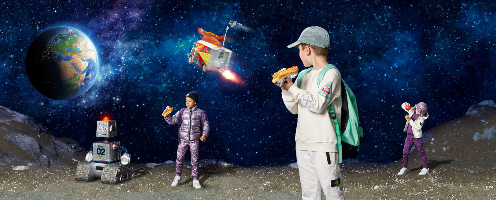 Faraway planet landscape with a robot and junior models playing and eating hotdogs with planet earth in the distance.