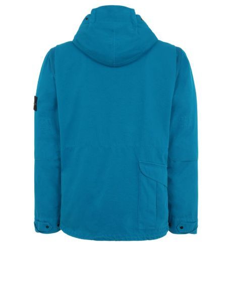 Back view of turquoise, performance jacket with hood and horizontal pocket with flap closure on lower right back.