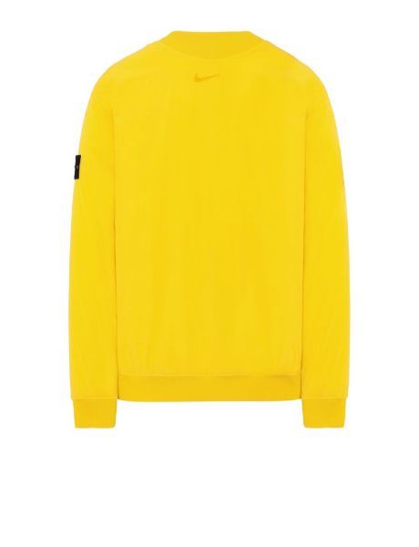 Back view of yellow, performance crewneck with ribbed cuffs, neckline and bottom hem, with Nike logo below the neckline.