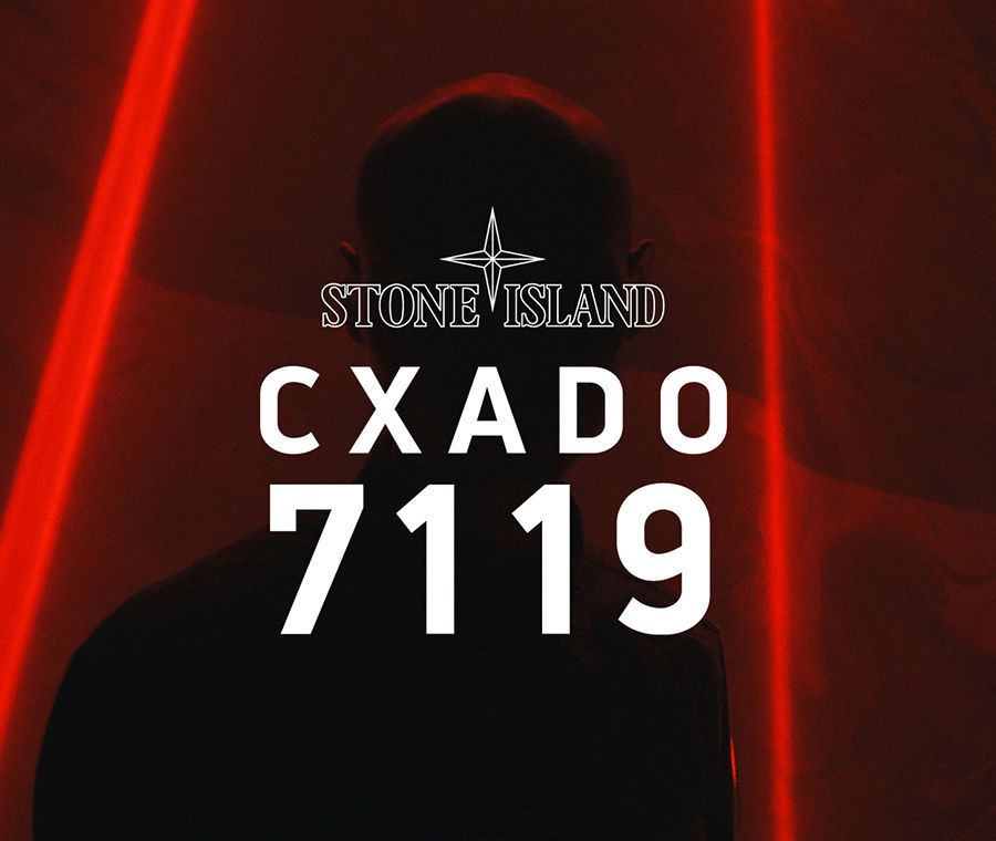 Stone Island logo and the words CXADO 7119 in white font over a photo of a dark silhouette and red neon lights
