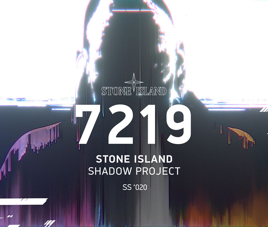 Blurred image of model head and shoulders silhouette against a black and white backdrop, with the Stone Island logo and lettering that reads 7219 STONE ISLAND SHADOW PROJECT SS \'020.