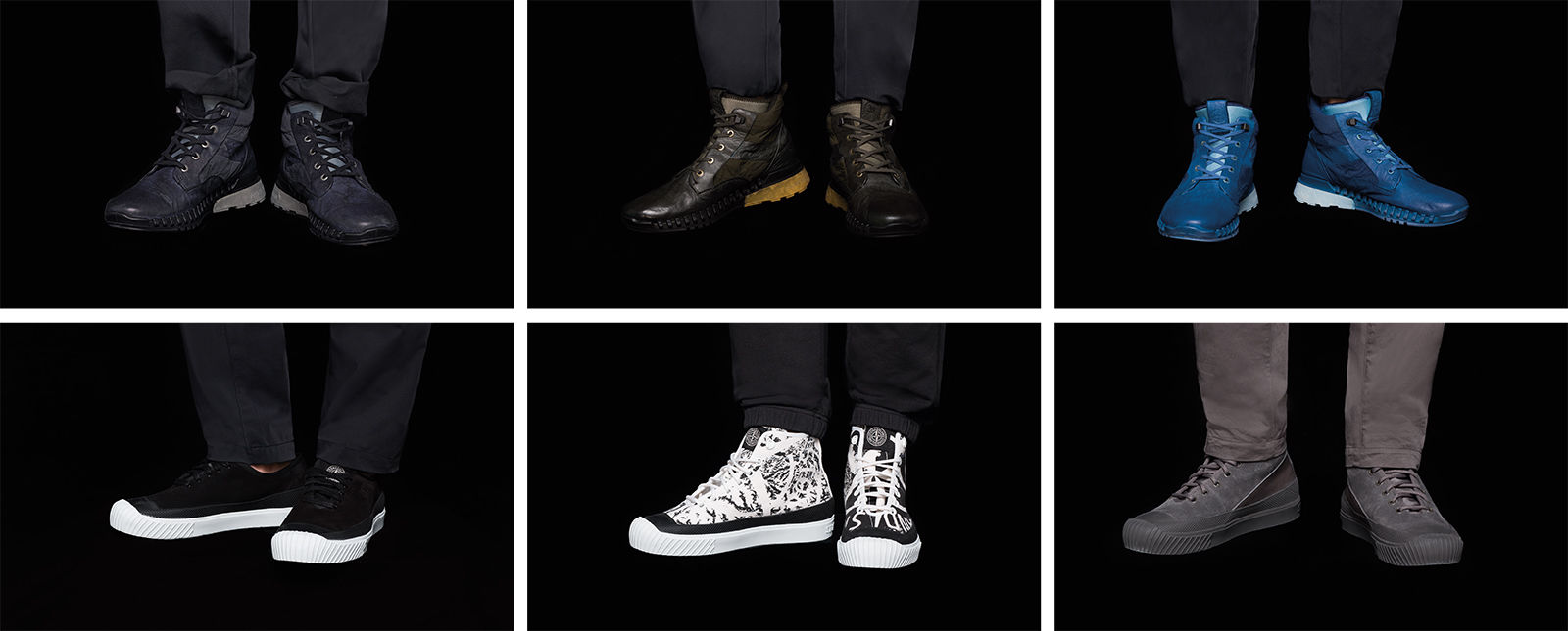 Six close up shots of models wearing different styles of boots and sneakers in black, dark green, bright blue, black and white and taupe.