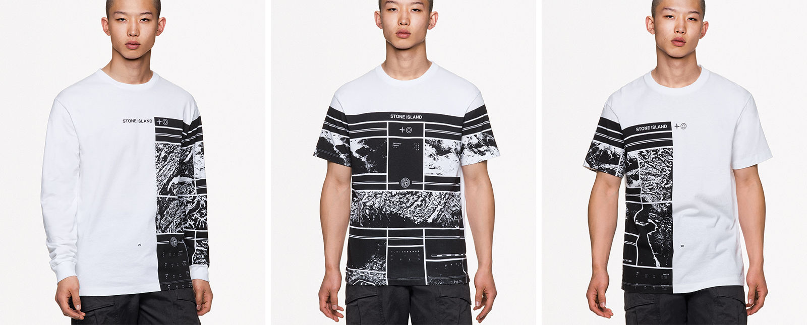 Three shots of the same model wearing black and white tops, a long sleeved t shirt with graphic print on the left side and arm, a t shirt with graphic print on the bust and short sleeves and a short sleeved t shirt with graphic print on the right side and