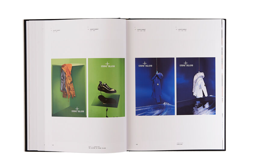 Still life image of an open hardcover book showing two pictures with green backgrounds on the left page, one of a yellow jacket and one of a sneaker, and two pictures with blue backgrounds on the right page, one of a blue jacket and one of a white jacket.