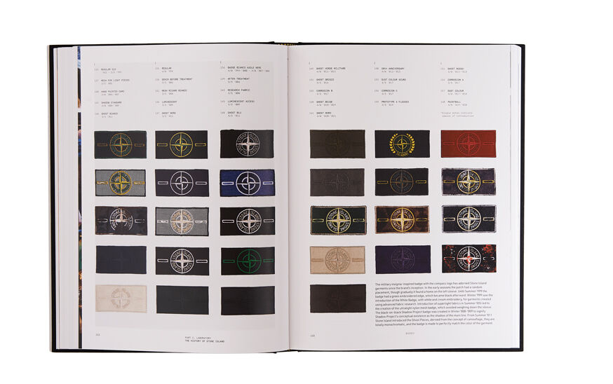 Still life image of an open hardcover book showing on both pages printed text and pictures of different Stone Island badges.