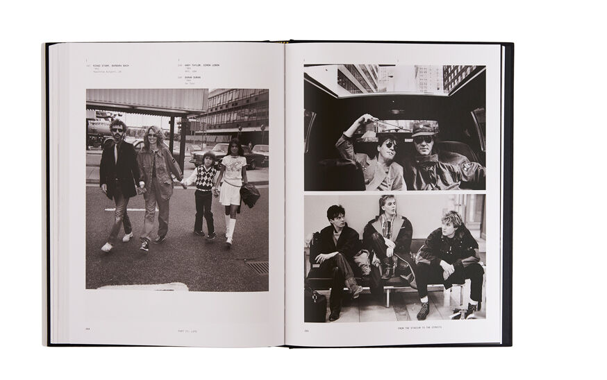 Still life image of an open hardcover book showing black and white pictures of people wearing Stone Island garments, one full page on the left and two pictures on the right page.