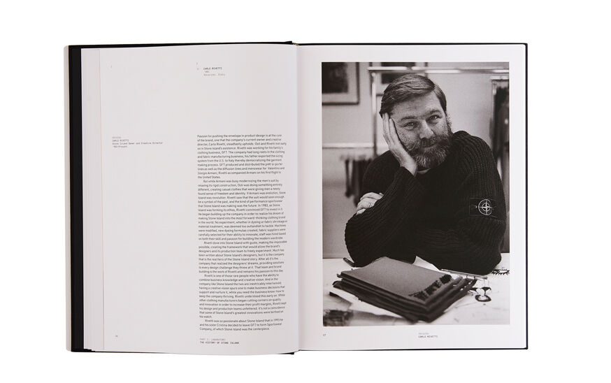 Still life image of an open hardcover book showing printed text on the left page and a black and white picture of Carlo Rivetti on the right page.