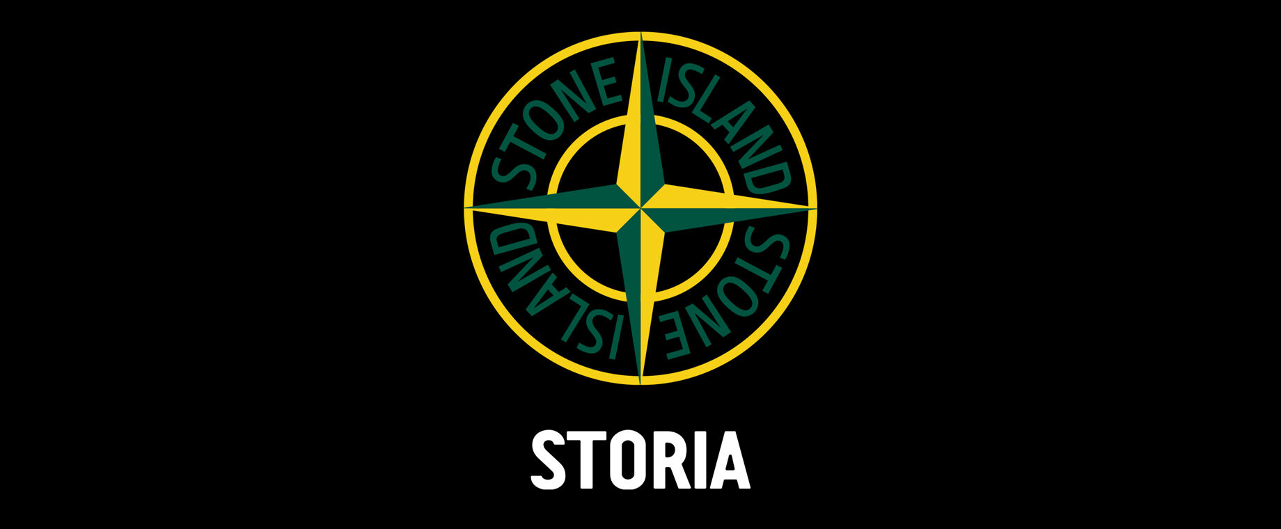 Green and yellow Stone Island compass logo and white lettering Storia against a black background.