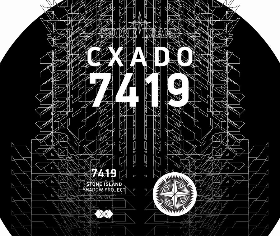 Stone Island black and white graphic print with the brand logo and lettering at the top that reads CXADO 7419 and on the bottom 7419 STONE ISLAND SHADOW PROJECT PE \'021 with a compass rose.