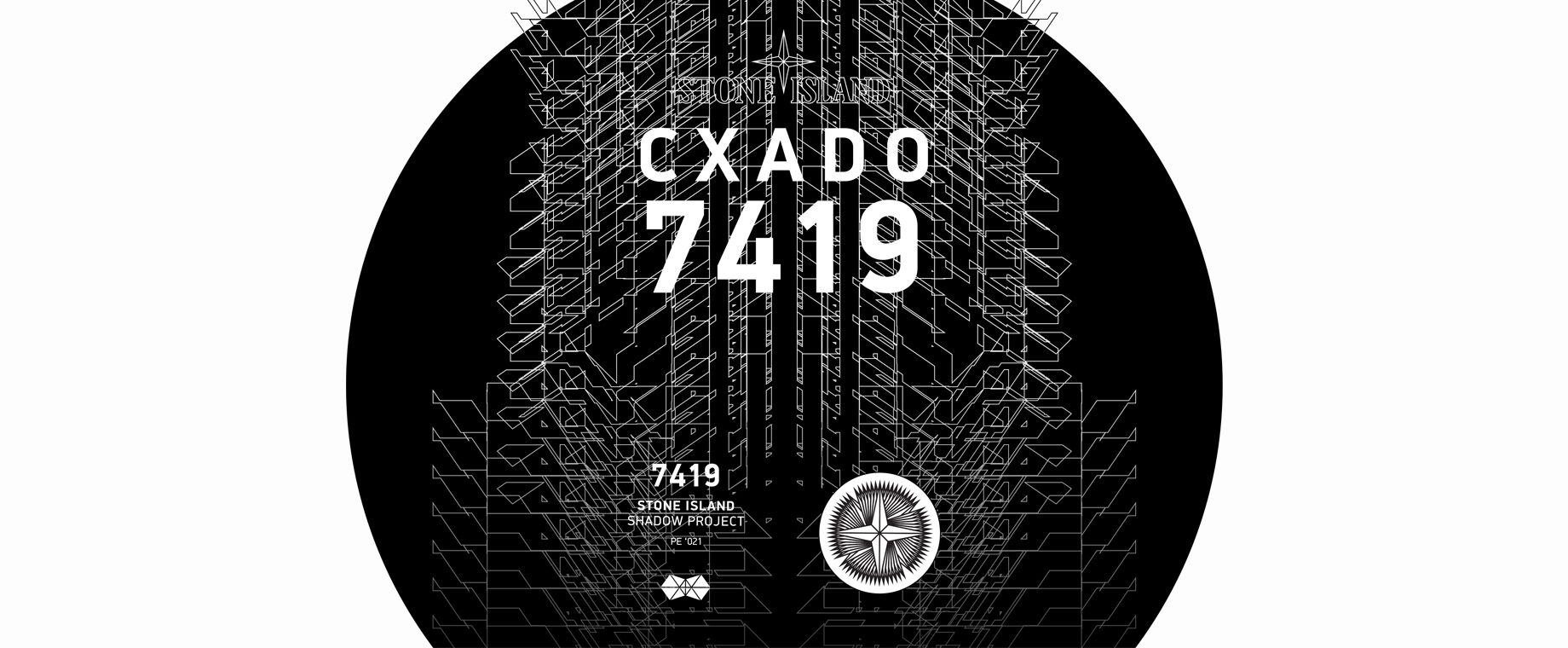 Stone Island black and white graphic print with the brand logo and lettering at the top that reads CXADO 7419 and on the bottom 7419 STONE ISLAND SHADOW PROJECT PE \'021 with a compass rose.