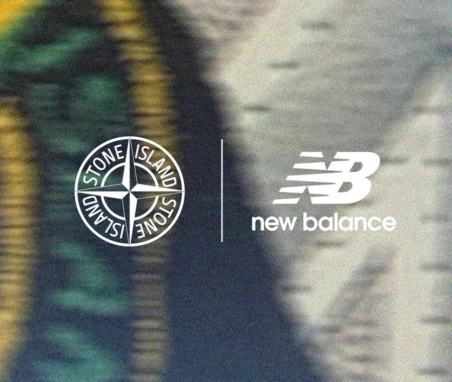 Against a blurred yellow, blue and light gray background, the Stone Island compass rose logo and the New Balance logo with a vertical slash between them.