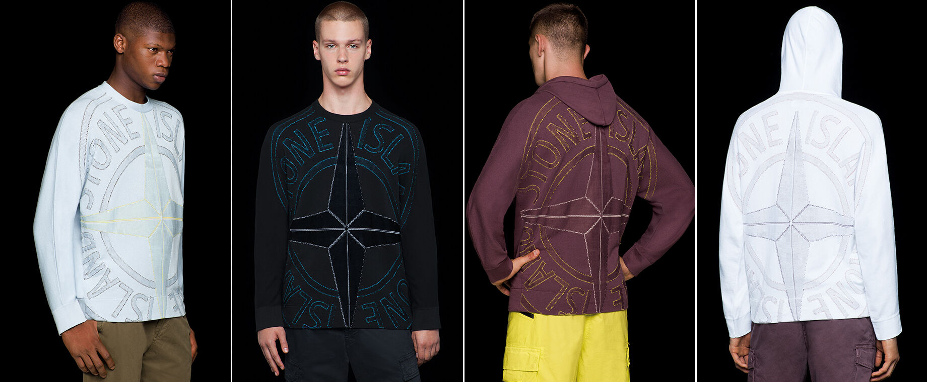 Four models wearing pants in different styles and colors, two of them wearing a crewneck knit with long sleeves and a large Stone Island compass rose logo embroidery on the front, the other two showing the same embroidery on the back of hooded knits.