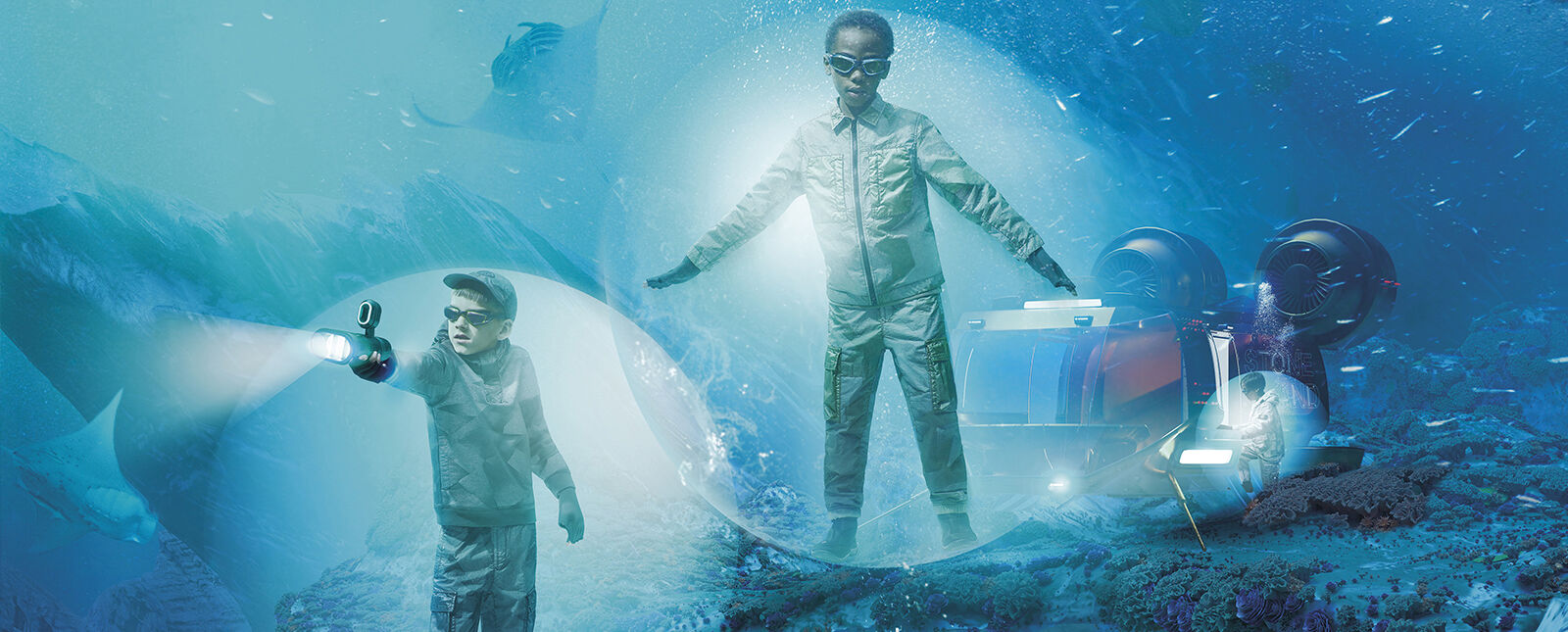 In the water, a deep sea shuttle with the lights on, surrounded by sharp rocks, two rays swimming and three junior models, each one in its own bubble, wearing camouflage outfits.