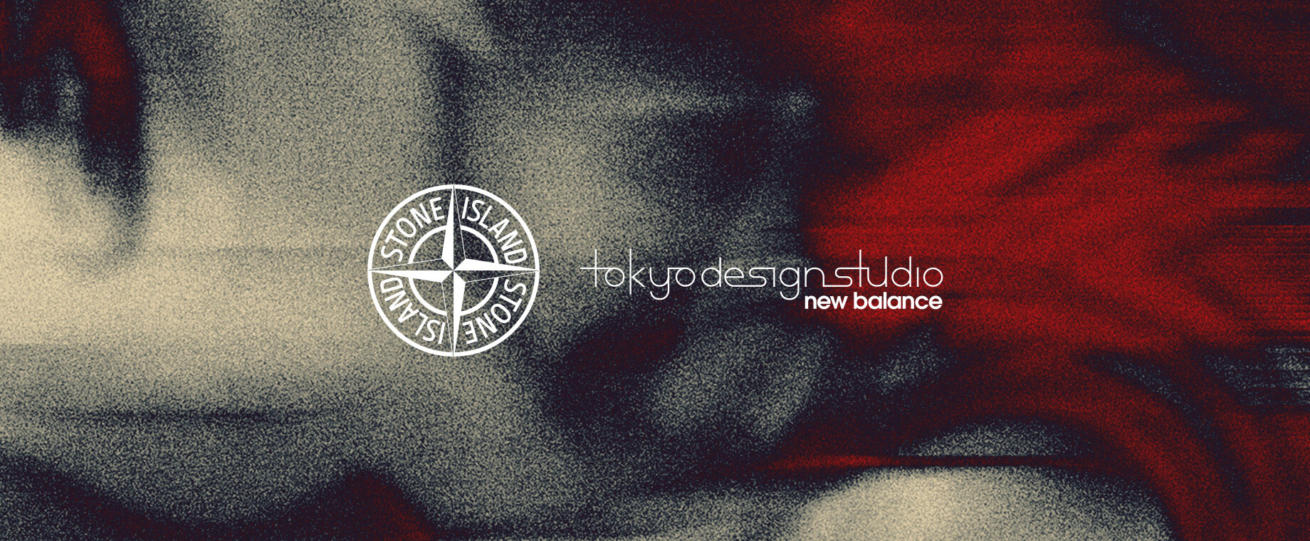 Against a blurred red, off white and black background, the Stone Island compass rose logo in white and white lettering that reads Tokyo design studio new balance.