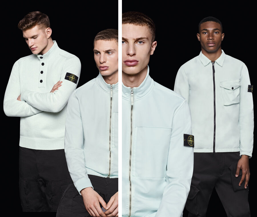 Three separate pictures, each one with three models, all wearing dark colored pants and aqua colored polo shirts, sweaters, jackets and sweatshirts in different styles.