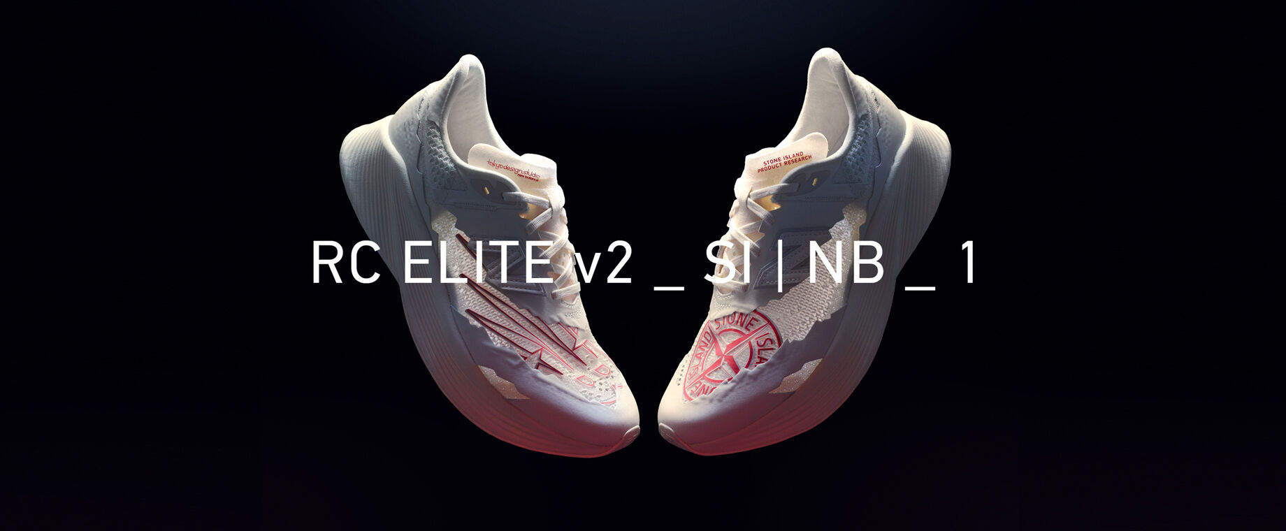 A pair of the white Stone Island x New Balance sneaker with a red Stone Island compass rose logo of black background. White text RC Elive v2_SI I NB_1