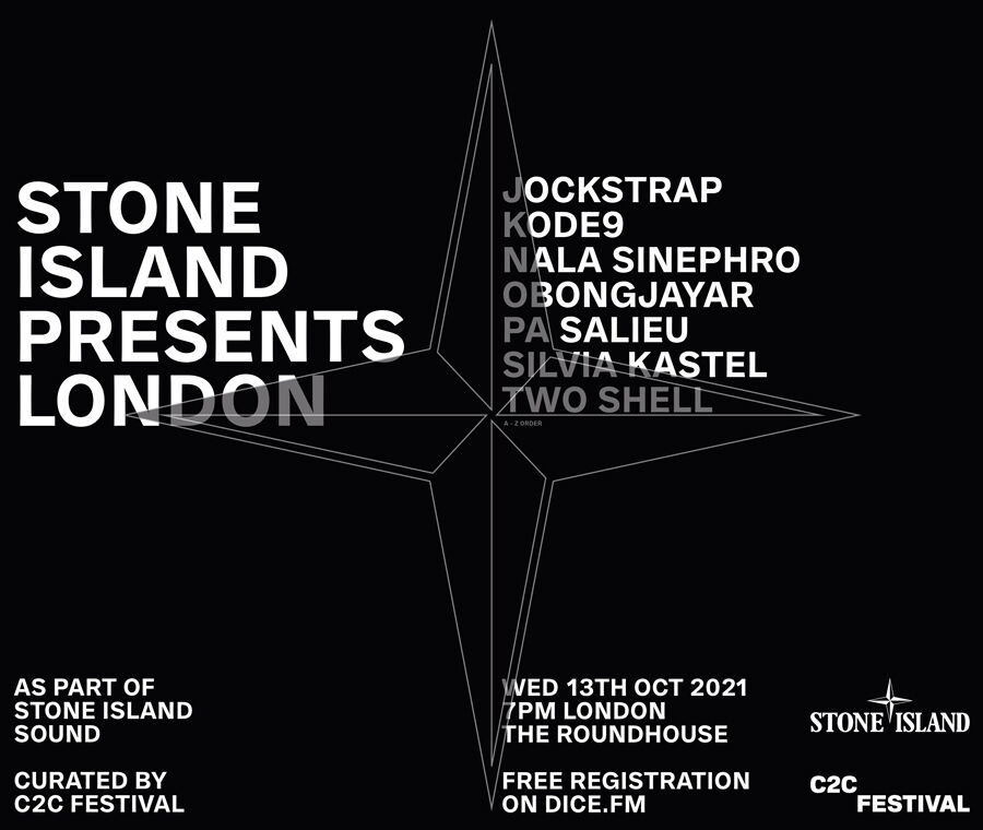 White text on black background. Stone Island Presents London. As part of Stone Island Sound.