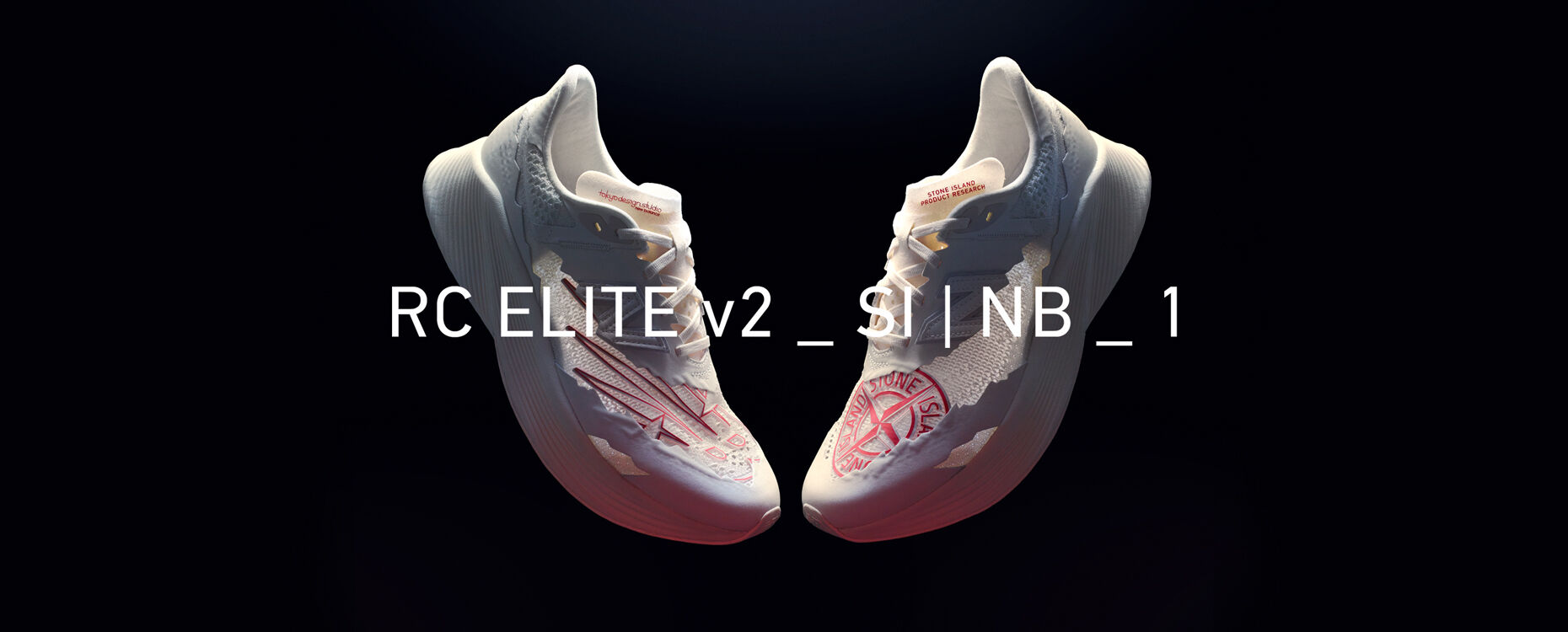 A pair of the white Stone Island x New Balance sneaker with a red Stone Island compass rose logo of black background. White text RC Elive v2_SI I NB_1