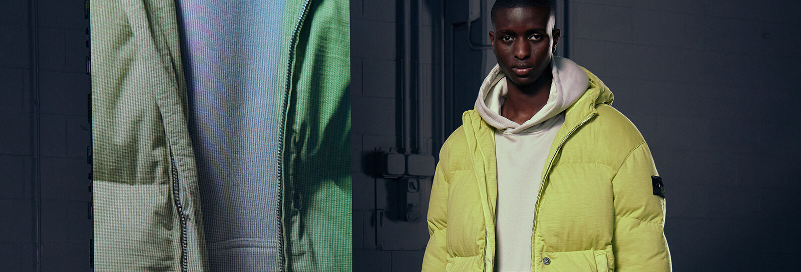 Model wearing a bright green padded jacket and off-white hoodie, beside a close-up of the outfit.