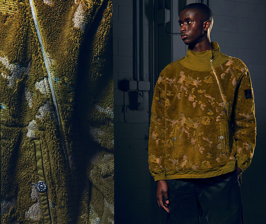 Model wearing a bright green padded jacket and off-white hoodie, beside a close-up of the outfit.