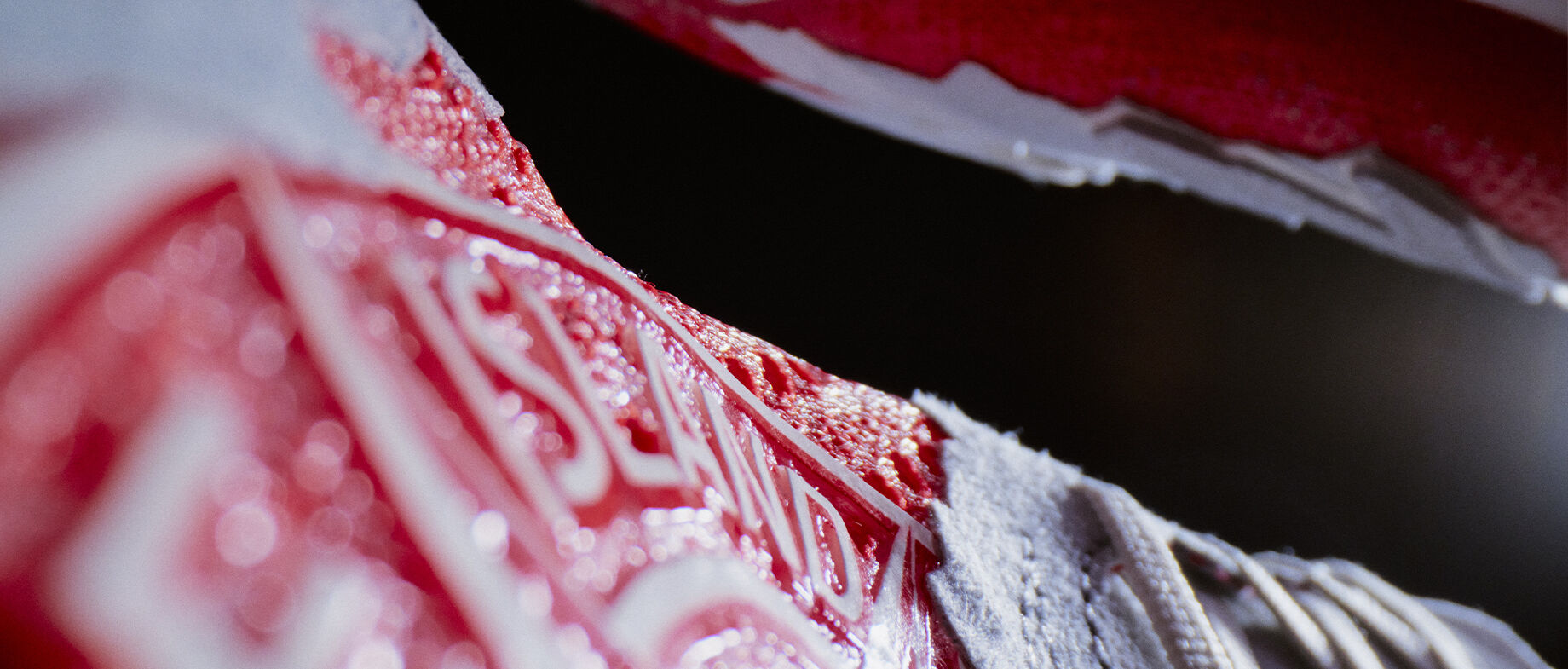Extreme close-up of New Balance x Stone Island collaboration.