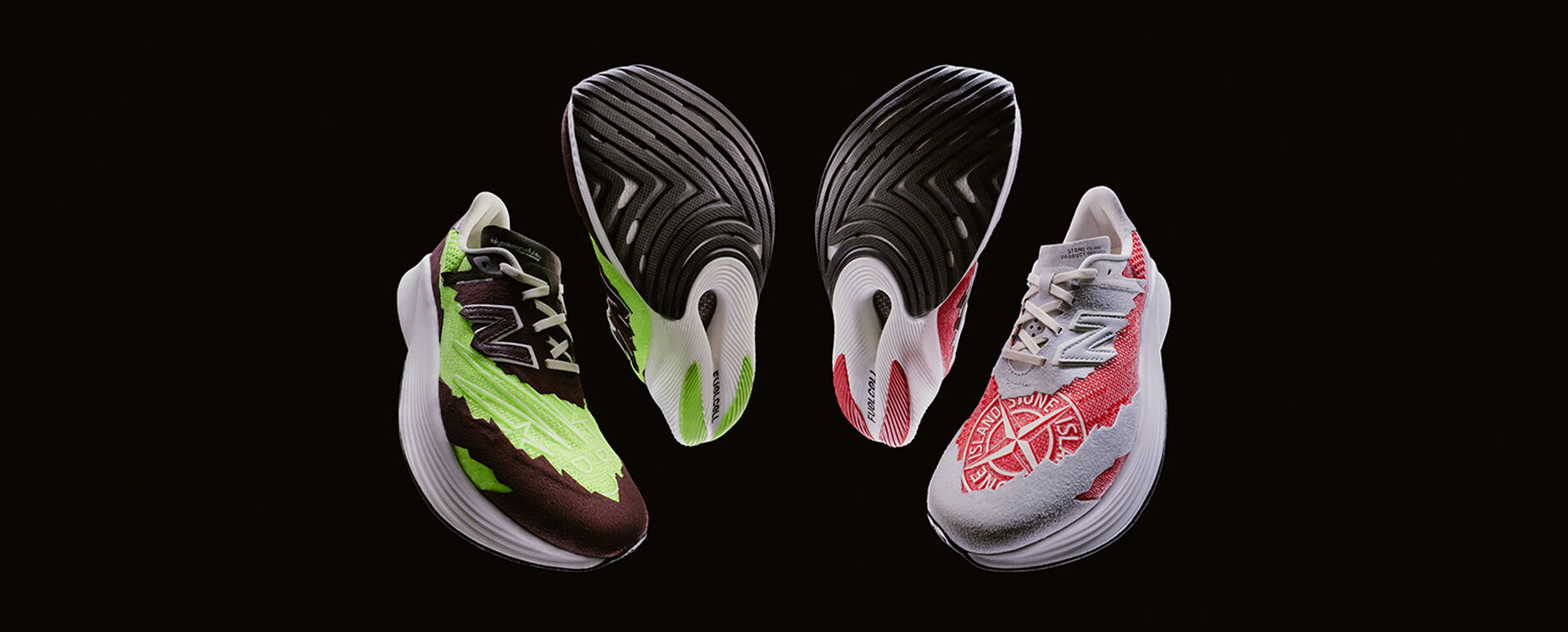 Distorted shots of New Balance x Stone Island collaboration in black and green and in red and white.